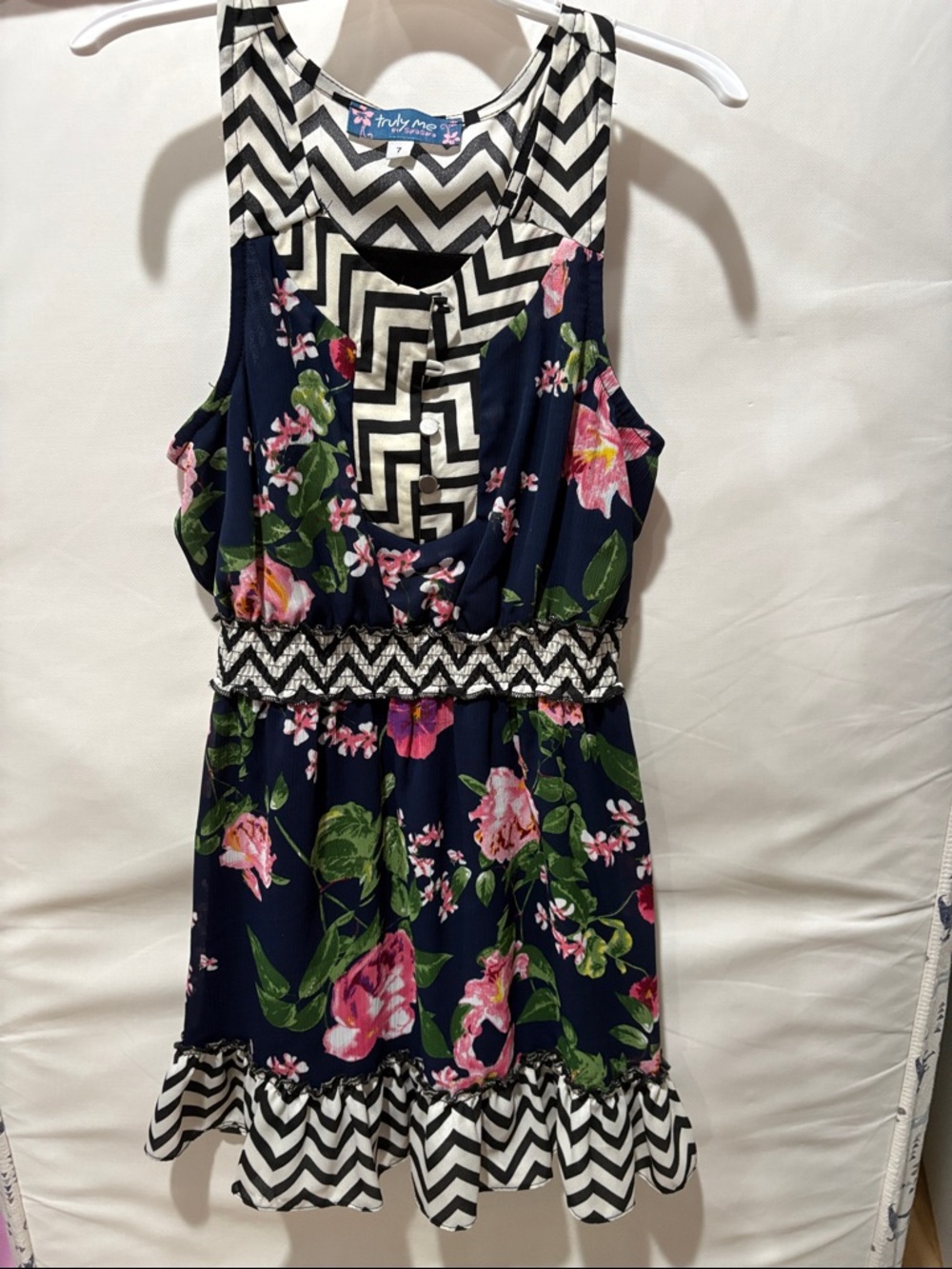 Truly Me Navy Floral Dress with Pink & Green Accents